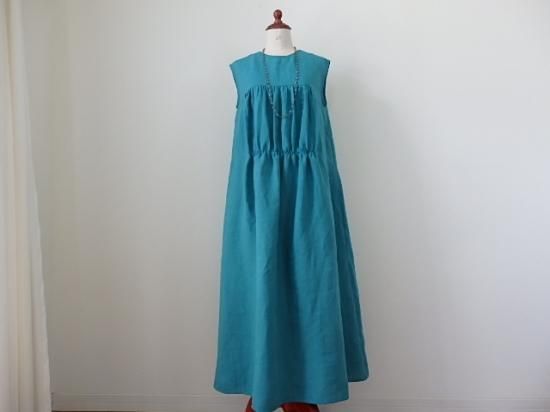 リネンのバック切り替えマキシ丈ワンピース ＜リネンO＞ ターコイズ