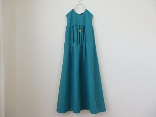 リネンのバック切り替えマキシ丈ワンピース ＜リネンO＞ ターコイズ