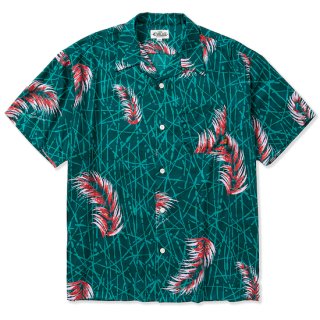 CALEE キャリー Allover feather pattern amunzen cloth S/S shirt＜Emerald Green＞