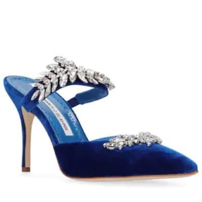 Manolo Blahnik>>ルラム 90mm ベルベットミュール MANOLO BLAHNIK Lurum 90 crystal-embellished satin mules