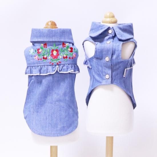 デニムフローラルブラウス - ドッグウェア・犬服の通販のene☆