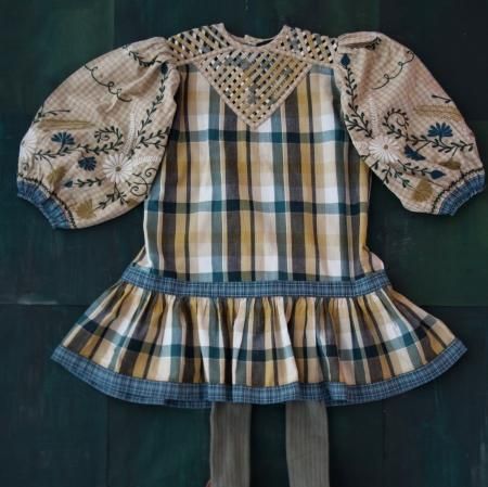 Bonjour diary Folk dress with braid top & emb ( Big green check 