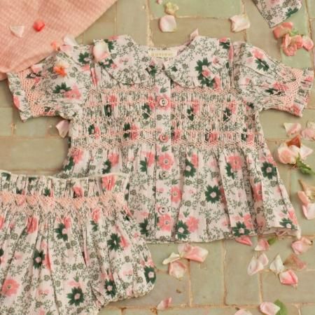極美品 Bonjour diary Hand smocks Blouse 6Y BONJOUR DIARY LONG SMOCKED BLOUSE / GOLD FLOWERS IVORY