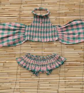<img class='new_mark_img1' src='https://img.shop-pro.jp/img/new/icons14.gif' style='border:none;display:inline;margin:0px;padding:0px;width:auto;' />LAST 1Bonjour diary   Swim Suite Pink green honeycomb  check ✿