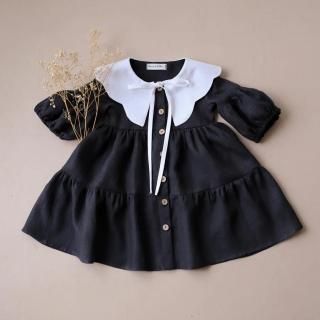 <img class='new_mark_img1' src='https://img.shop-pro.jp/img/new/icons14.gif' style='border:none;display:inline;margin:0px;padding:0px;width:auto;' />✿ Black & White Linen Lantern Sleeve Tiered Dress with Scalloped Collar