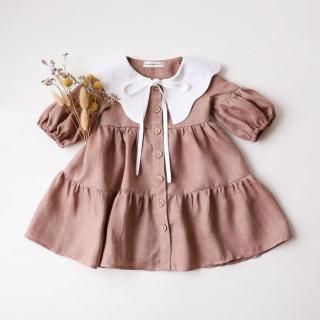 <img class='new_mark_img1' src='https://img.shop-pro.jp/img/new/icons14.gif' style='border:none;display:inline;margin:0px;padding:0px;width:auto;' />✿ Rose Smoke Linen Lantern Sleeve Tiered Dress with Scalloped Collar in White Linen