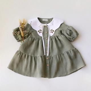 <img class='new_mark_img1' src='https://img.shop-pro.jp/img/new/icons14.gif' style='border:none;display:inline;margin:0px;padding:0px;width:auto;' />✿ Green Smoke Linen Lantern Sleeve Tiered Dress